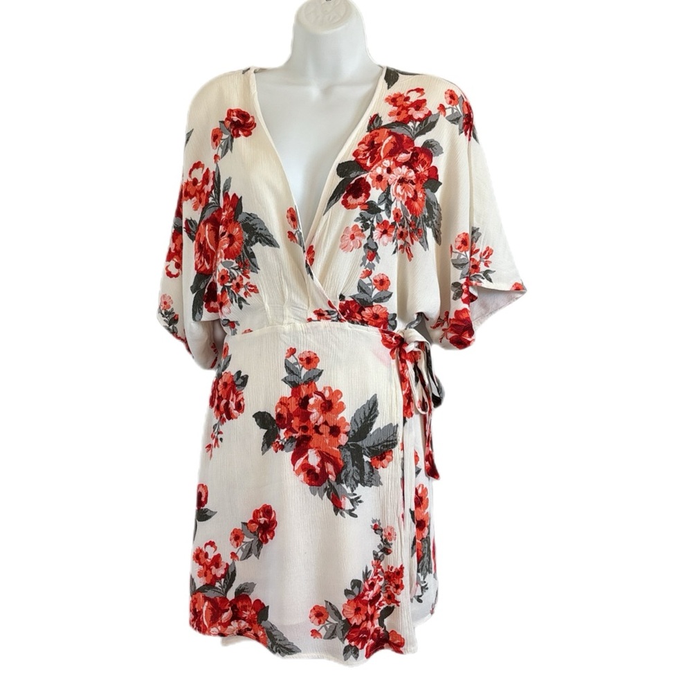 Lulu's Floral Kimono Cottagecore Mini Wrap Dress Red Coral Cream Size XL
